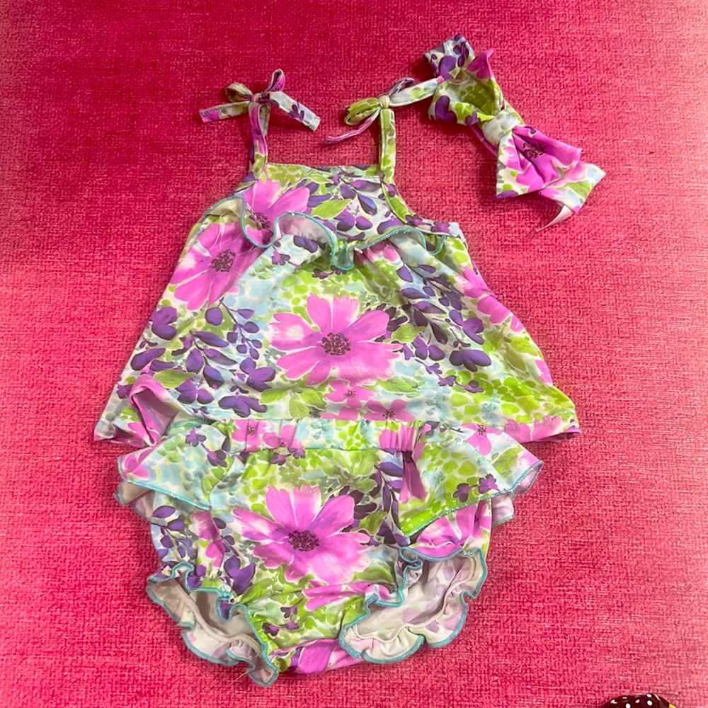 Baby Starters Multi Purple Flower Pattern with bow, bloomers, and top. Size 6m